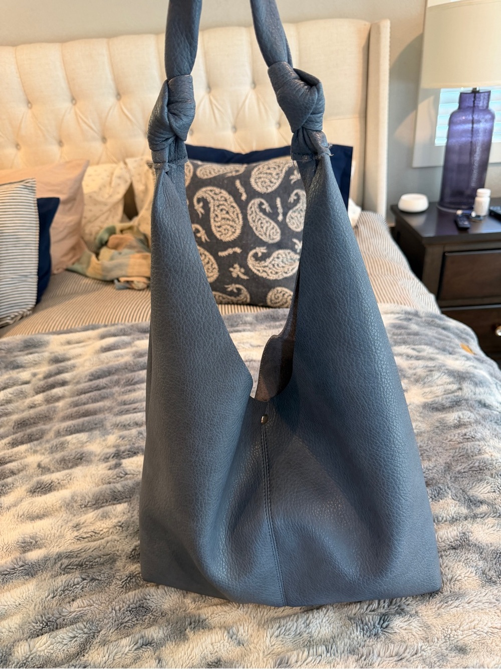 Anthropologie Slate Blue Knot-Handle Hobo Shoulder Bag